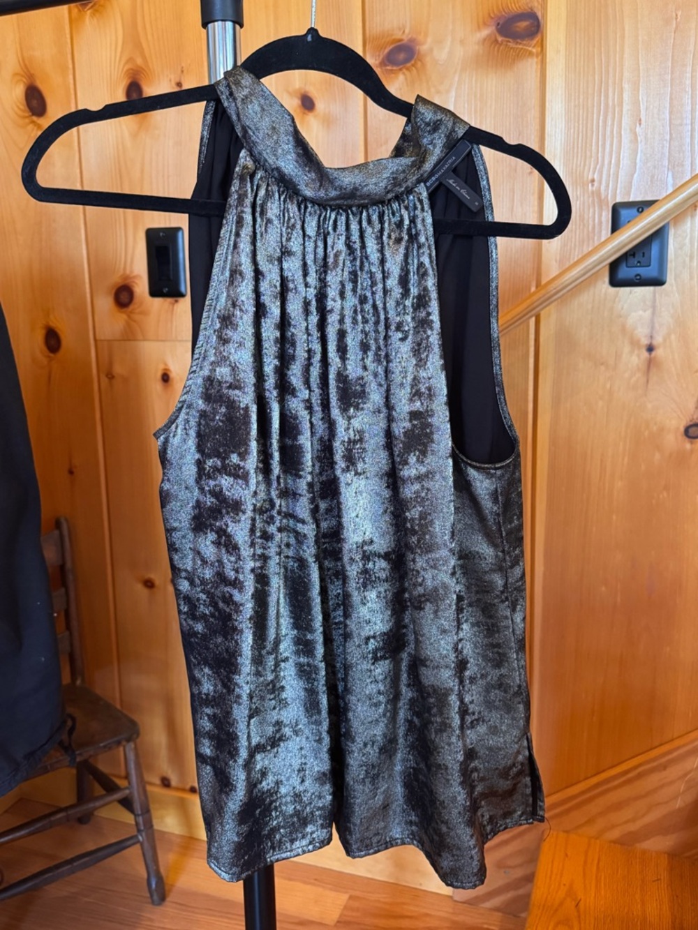BCBGMAXAZRIA silver metallic top with pockets and high back neck tie Size S